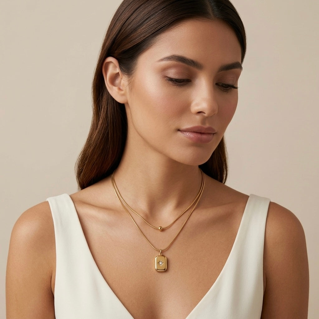 Layered Chain with Rectangle Charm Pendant