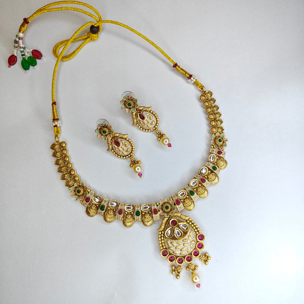 Traditional Temple Necklace Set with Pendant & Earrings