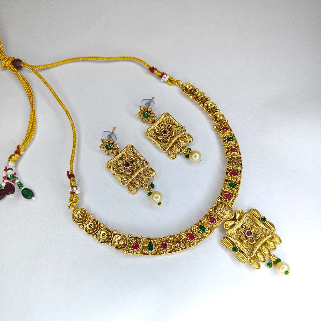 Temple Necklace Set with Square Pendant & Earrings