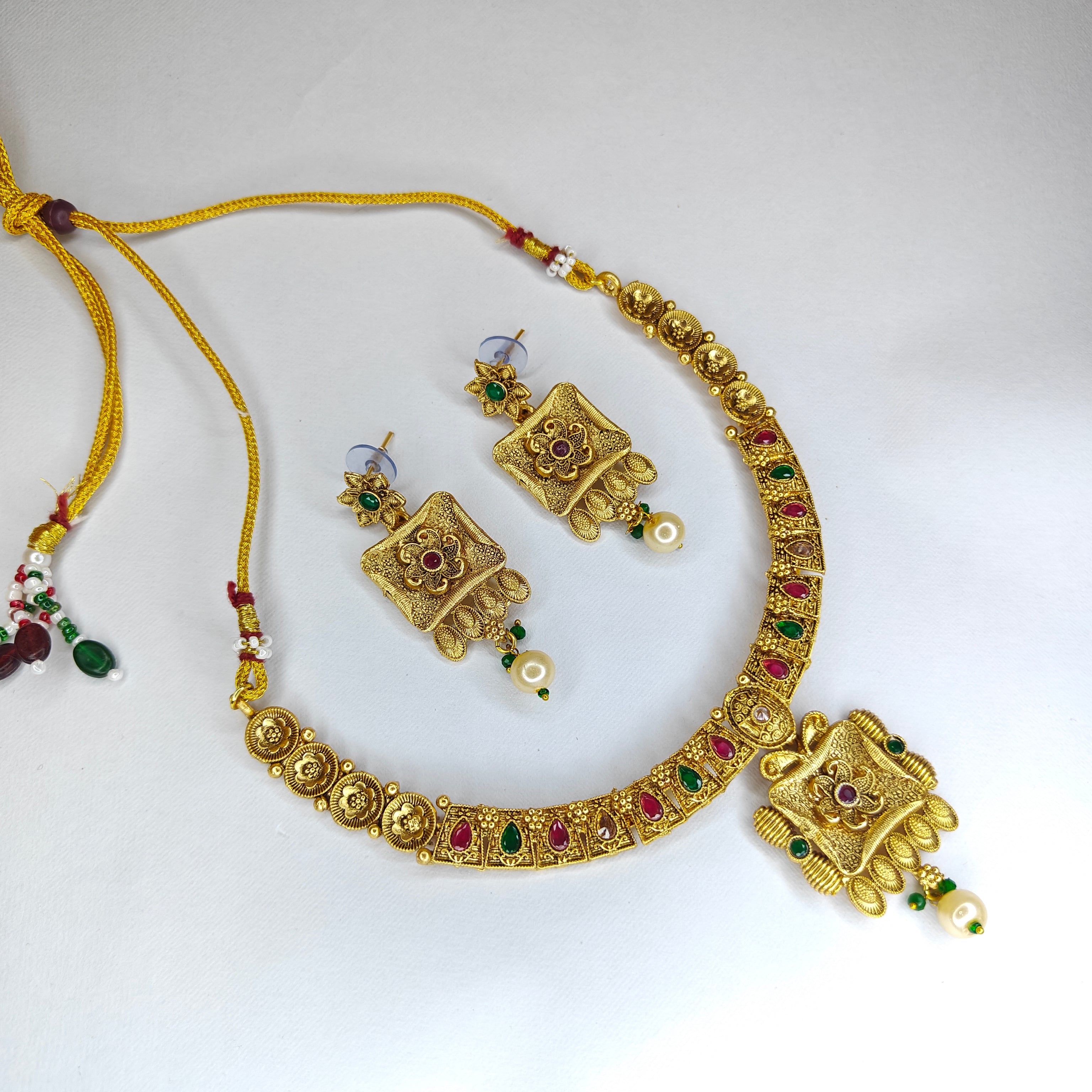 Temple Necklace Set with Square Pendant & Earrings