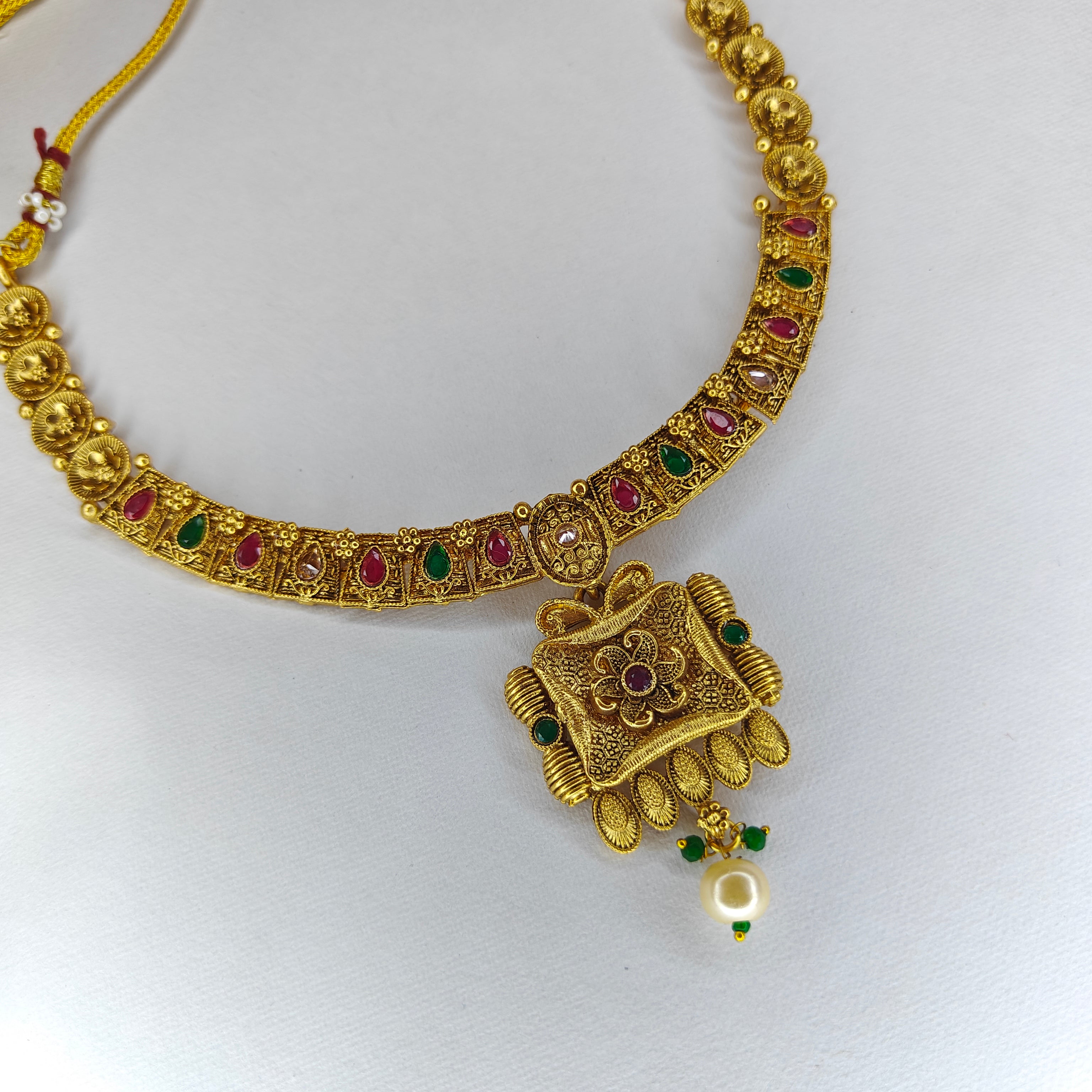 Temple Necklace Set with Square Pendant & Earrings