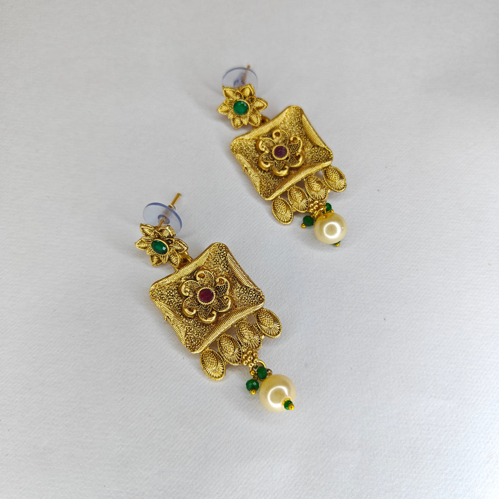 Temple Necklace Set with Square Pendant & Earrings
