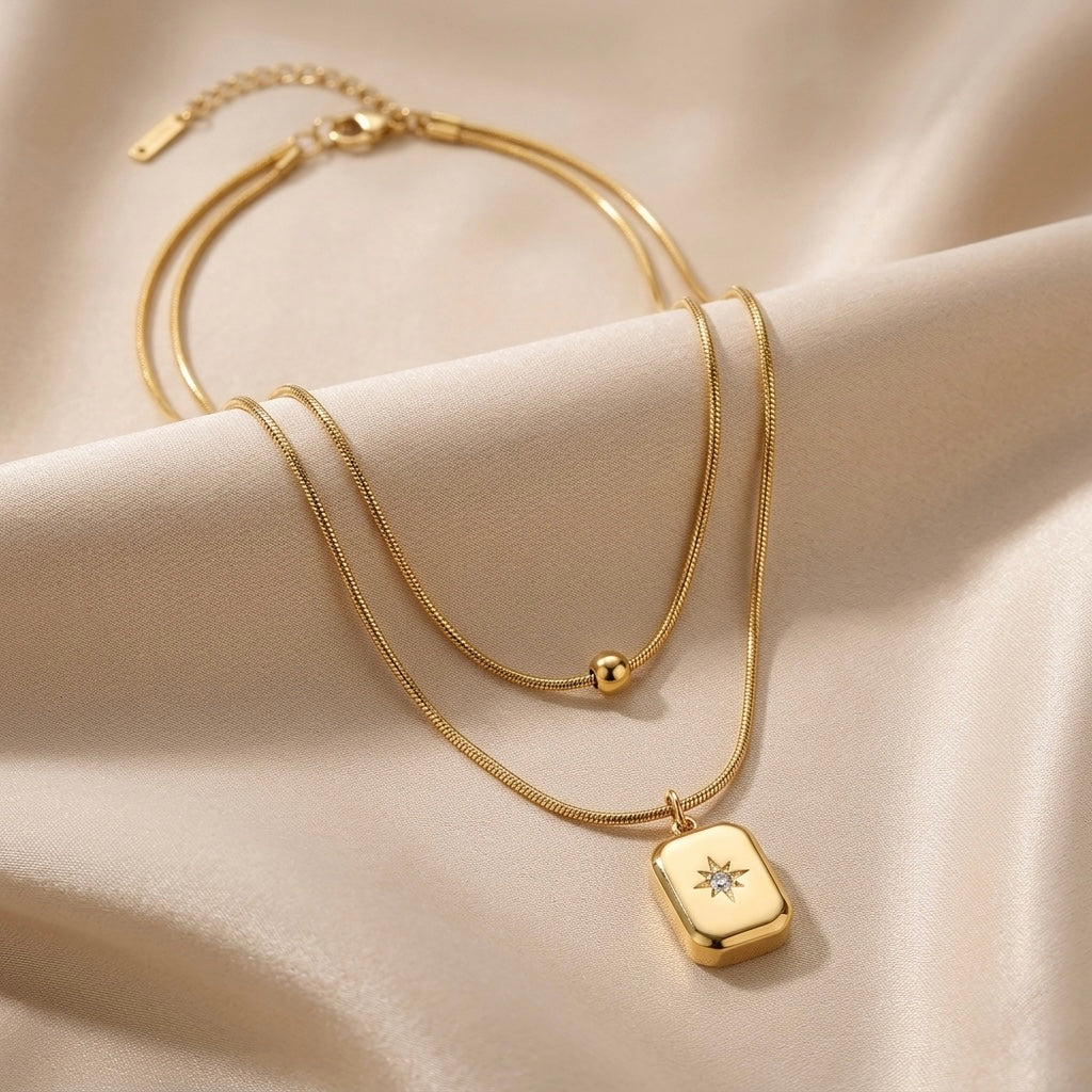Layered Chain with Rectangle Charm Pendant