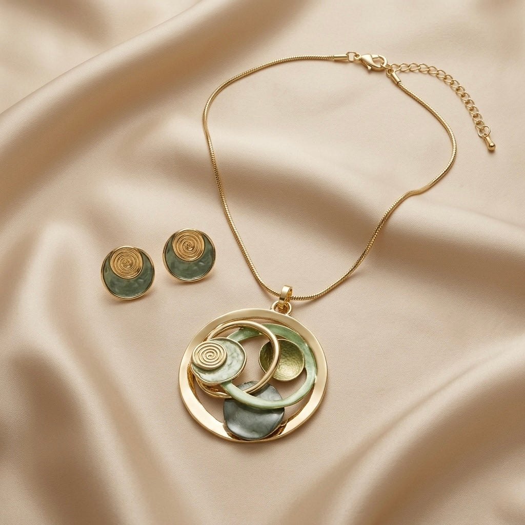 Iridescent Spiral Circle Pendant Set
