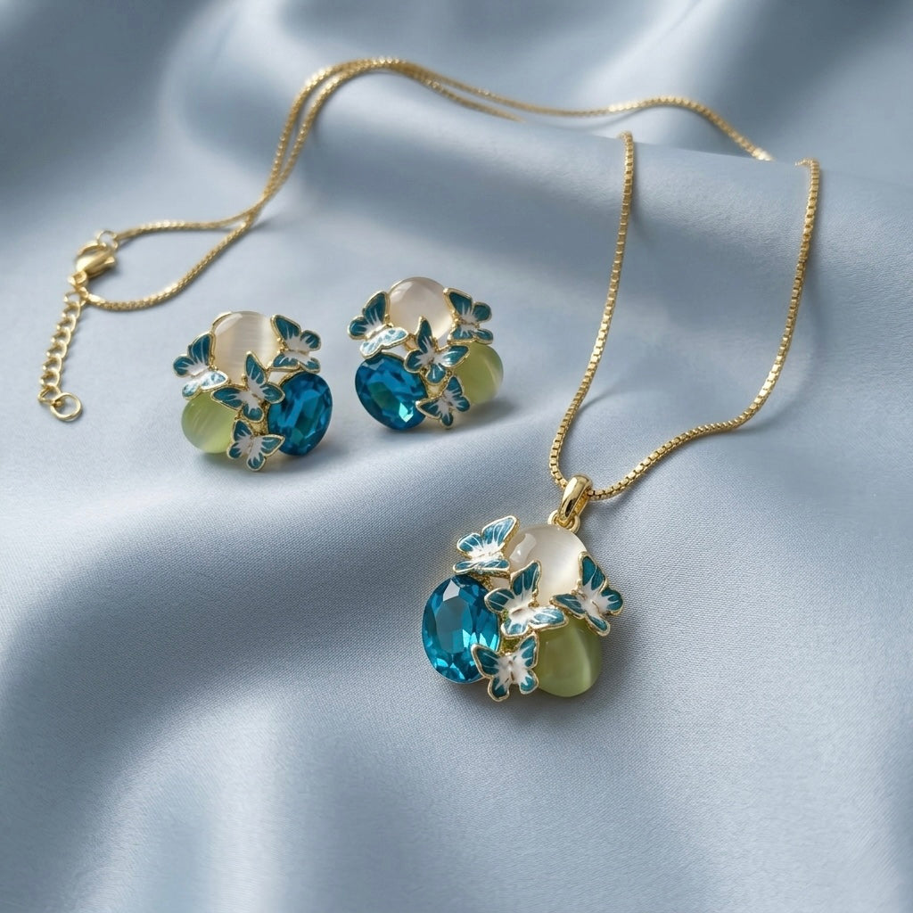 Blue Butterfly Crystal Pendant Set