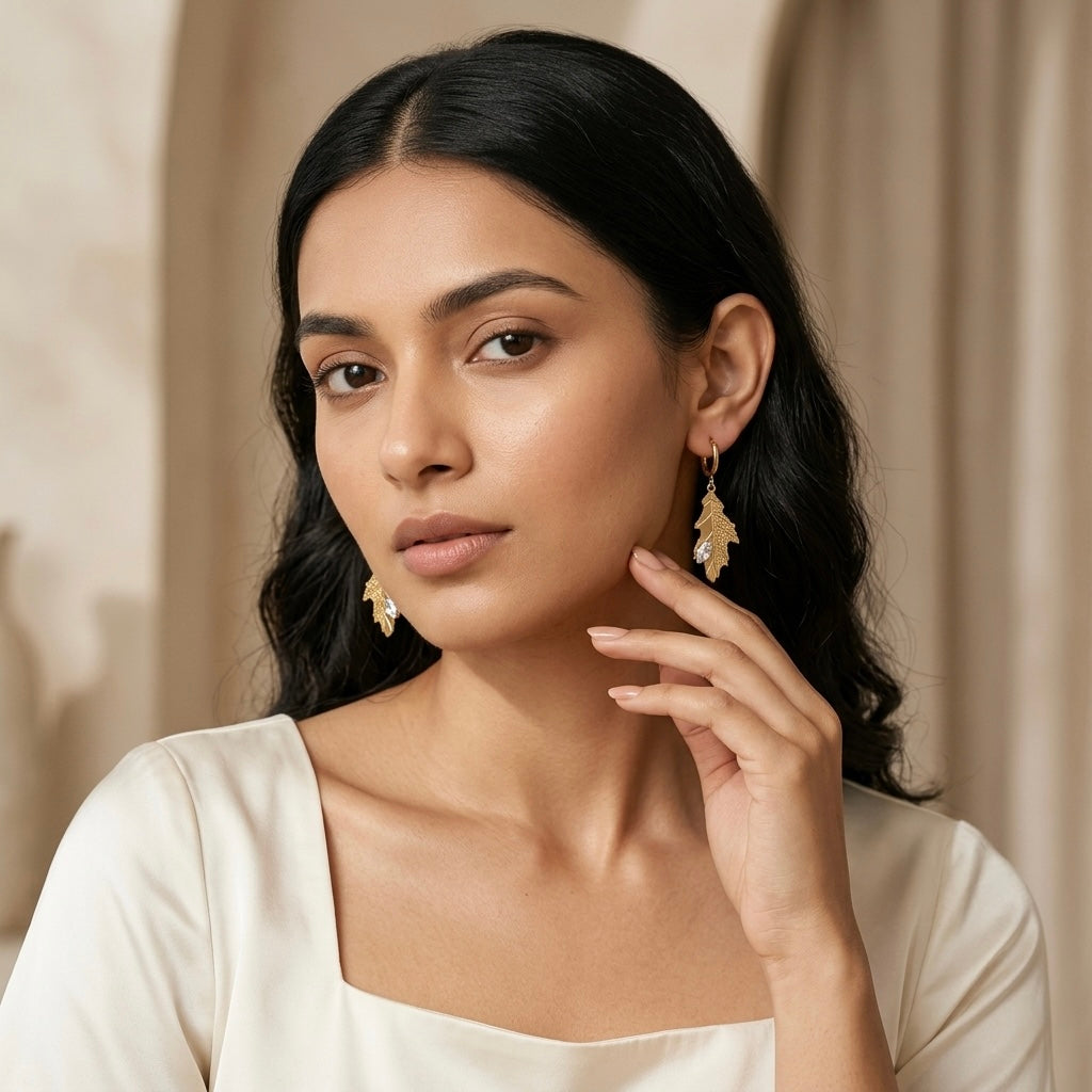 Gold Leaf Hoop Drop Earrings