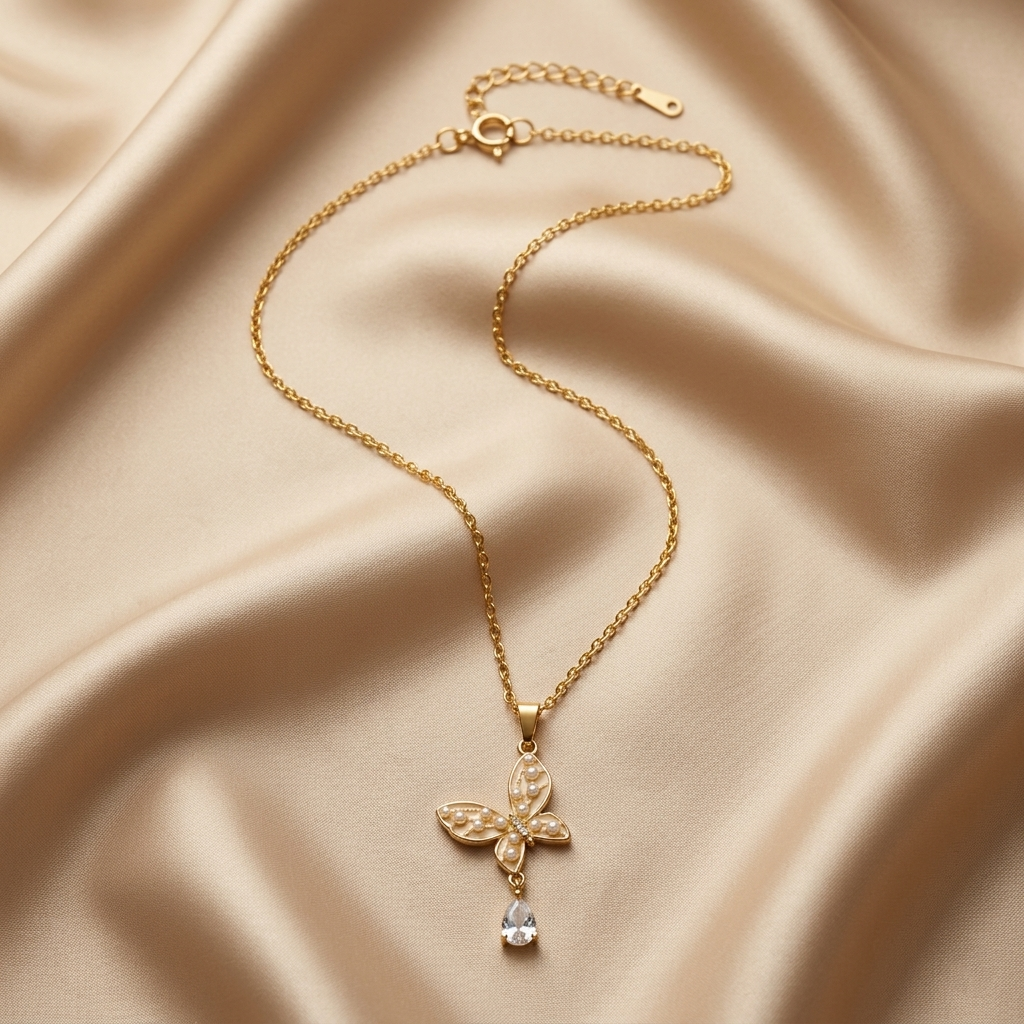 Pearl Butterfly Drop Pendant Chain