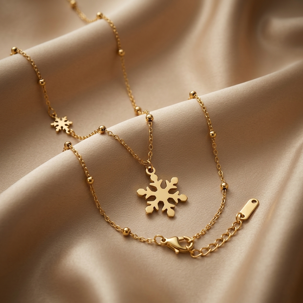 Gold Snowflake Pendant Beaded Chain