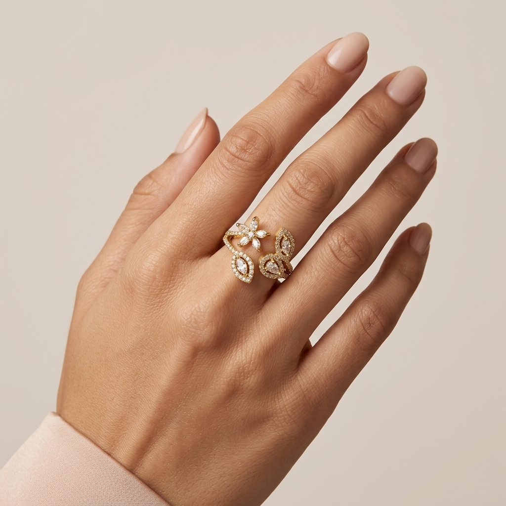 Gold Floral Marquise Adjustable Ring