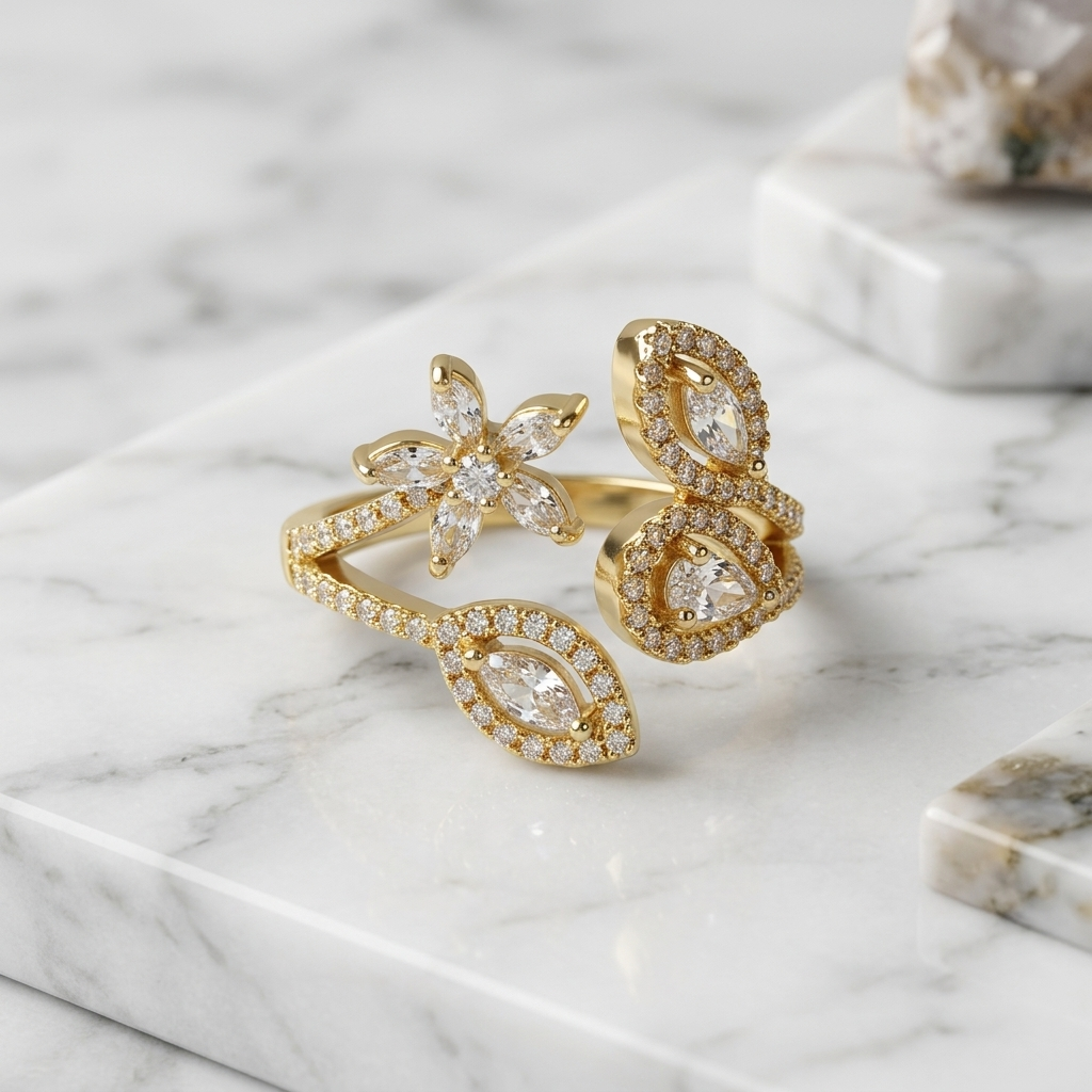 Gold Floral Marquise Adjustable Ring