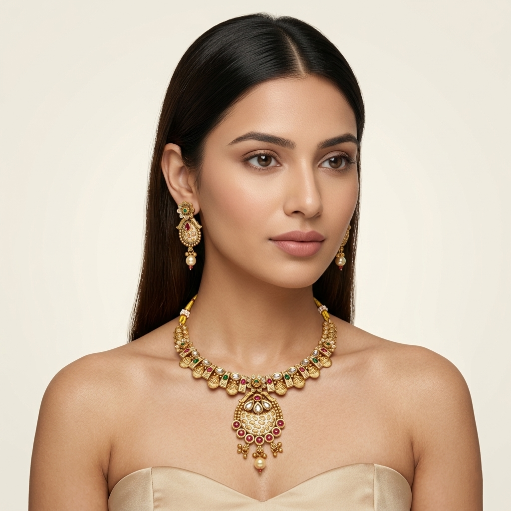 Traditional Temple Necklace Set with Pendant & Earrings