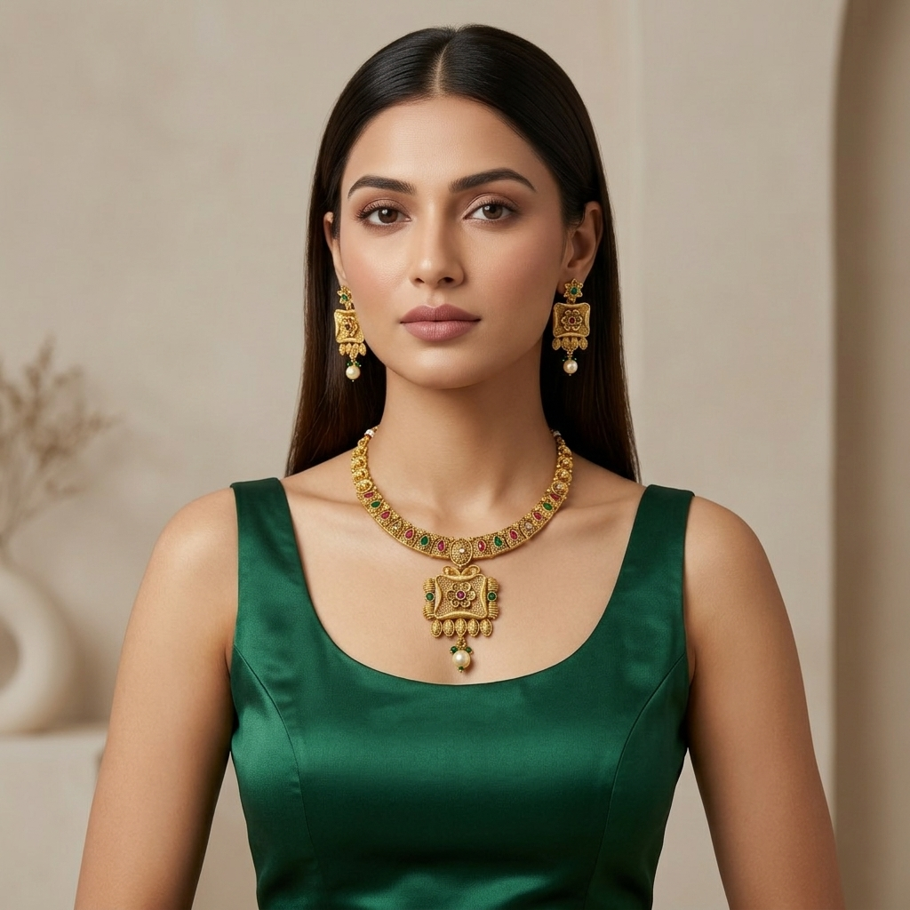 Temple Necklace Set with Square Pendant & Earrings