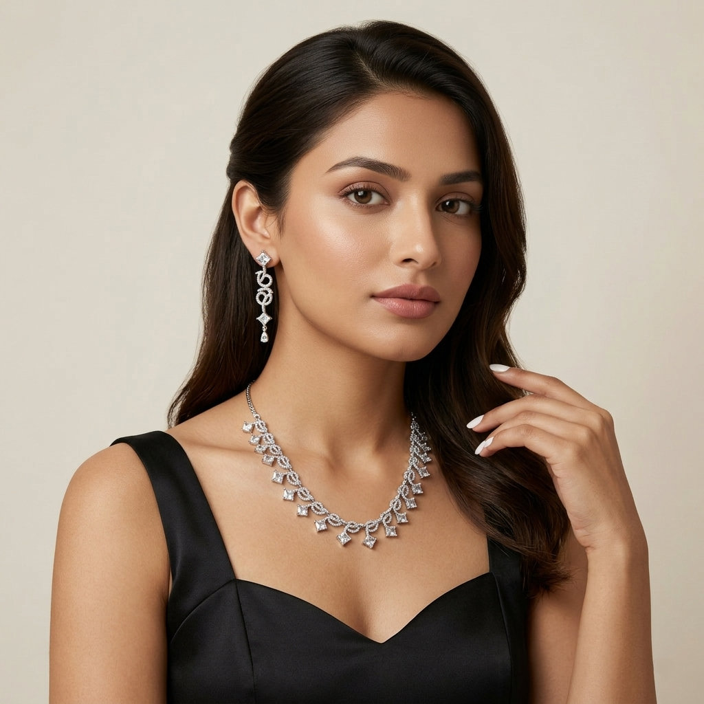 Silver Crystal Vine Necklace Set